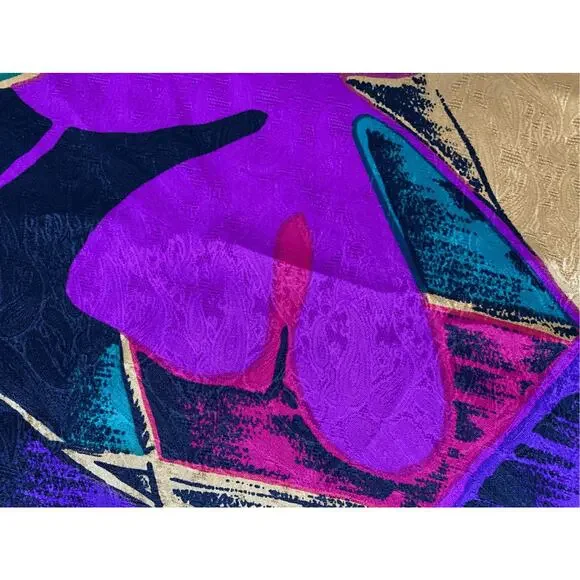 Vintage 90s Abstract Printed Silk Scarf Bold Colorful Artsy Square Wrap Purple - Picture 7 of 8